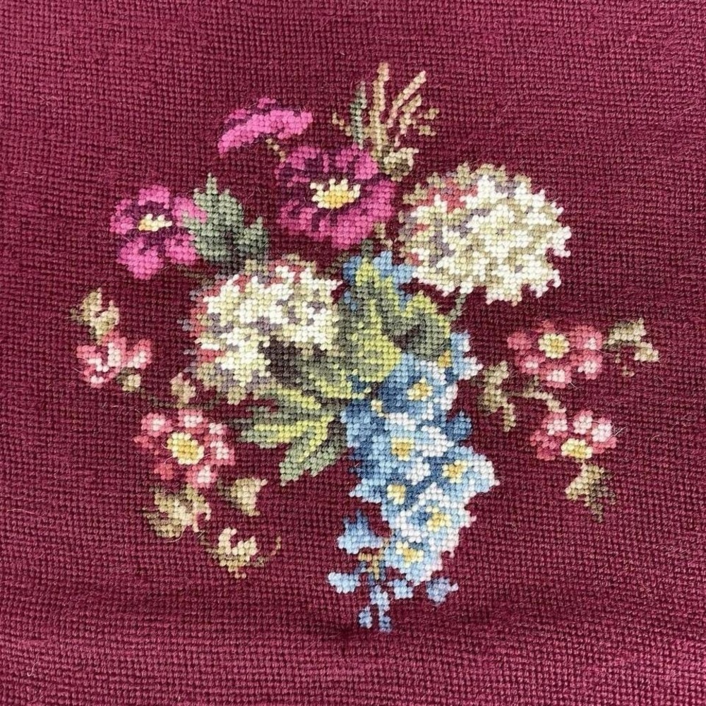 Vintage Floral Needlepoint Embroidery‎ Panel Burgundy Canvas 21x21 - Picture 3 of 6